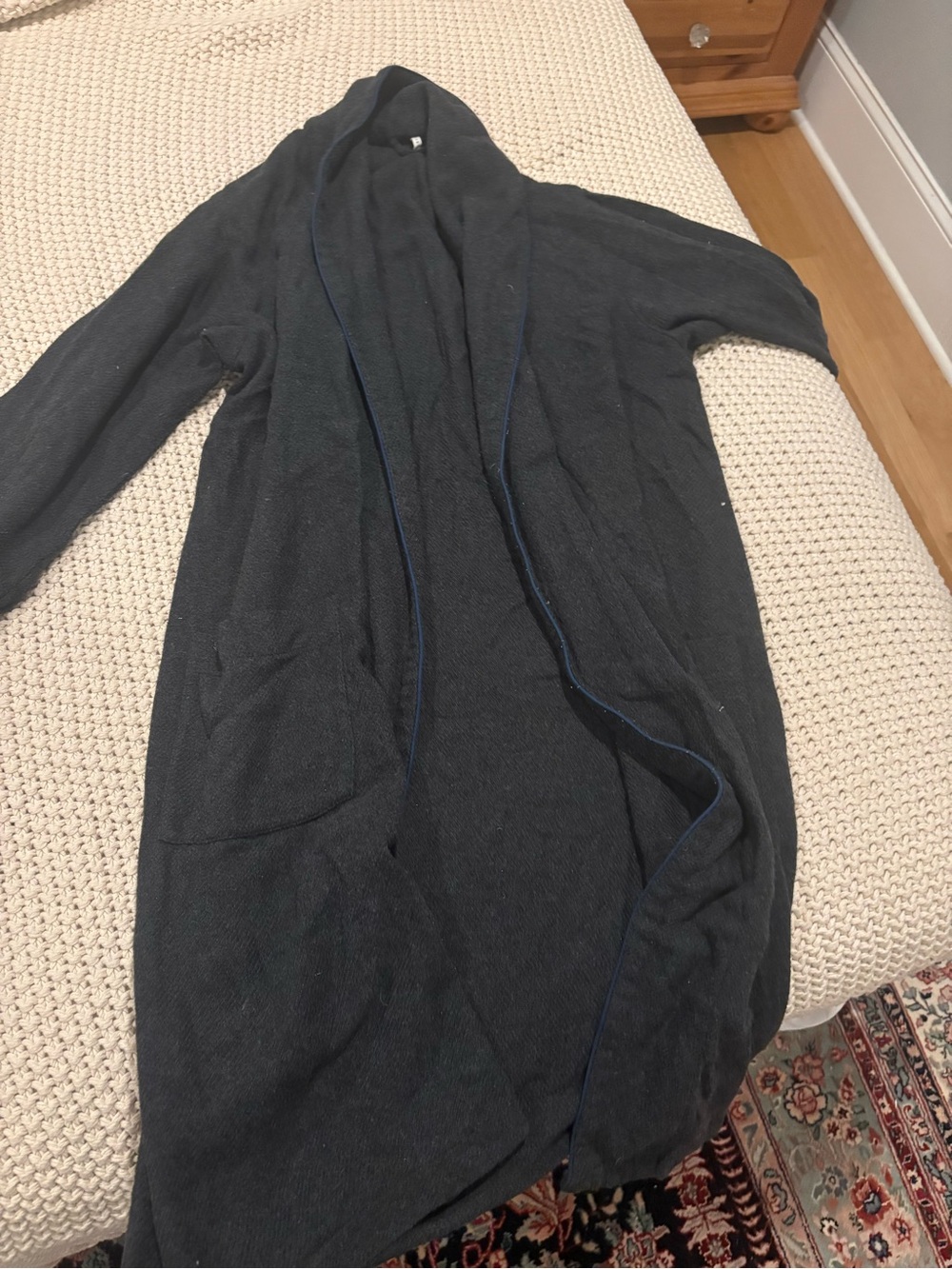 Pottery barn 100% cotton grey robe with blue trim, missing the tie - unisex